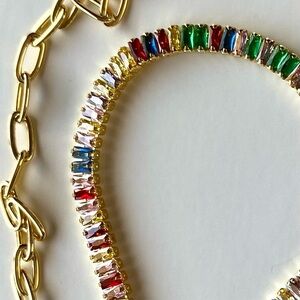 ✨New Multi Colored CZ Baguette Gemstones on 18K GP Paper Clip Toggle Necklace